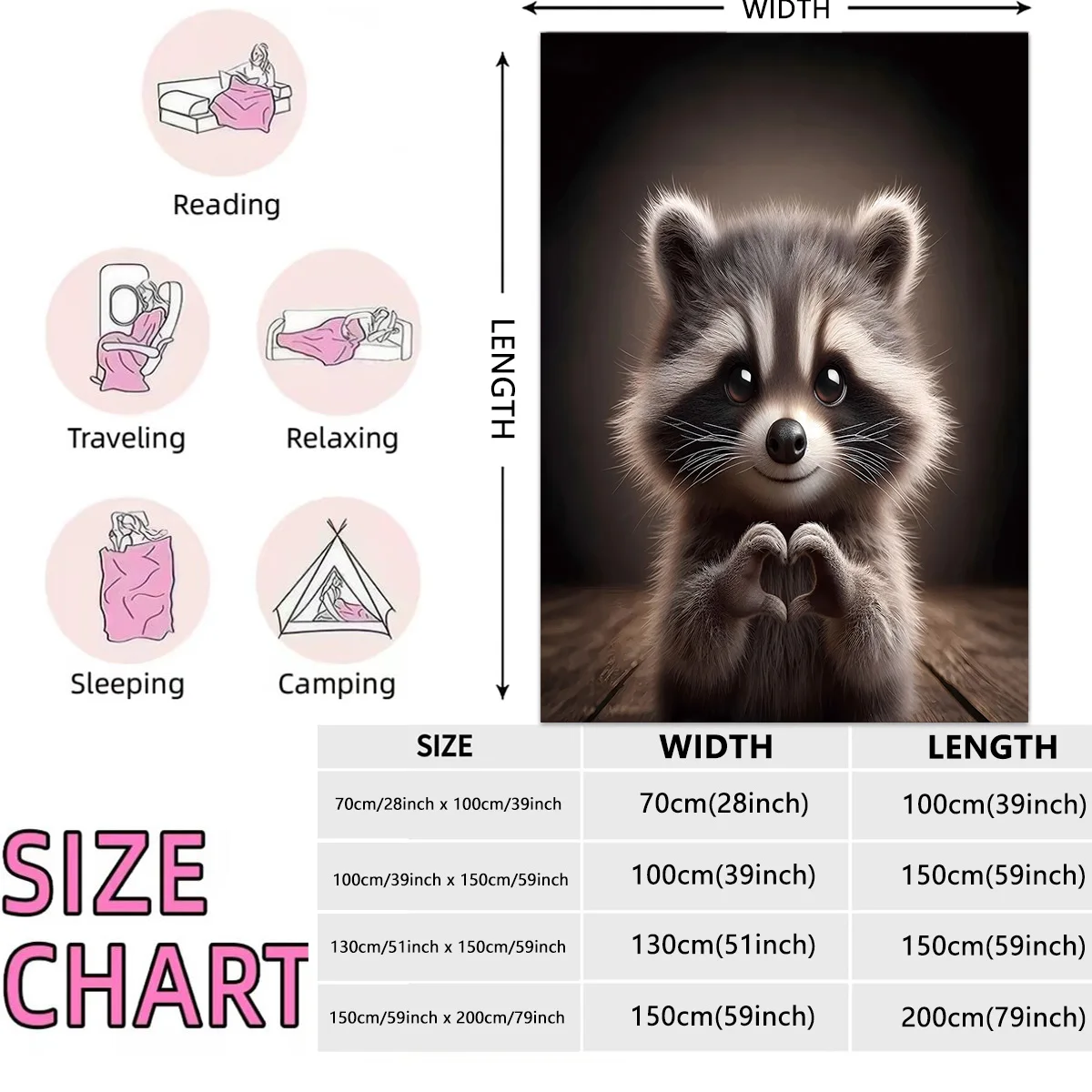 1pc Raccoon Animal Printed Flannel Blanket Multi Size Living Room Sofa Napping Leisure Blanket Machine Washable