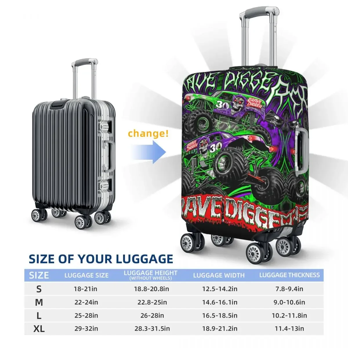 Monster Jam Truck Suitcase Cover Grave Digger Holiday Travel Fun Xmas Gift Luggage Case Protection