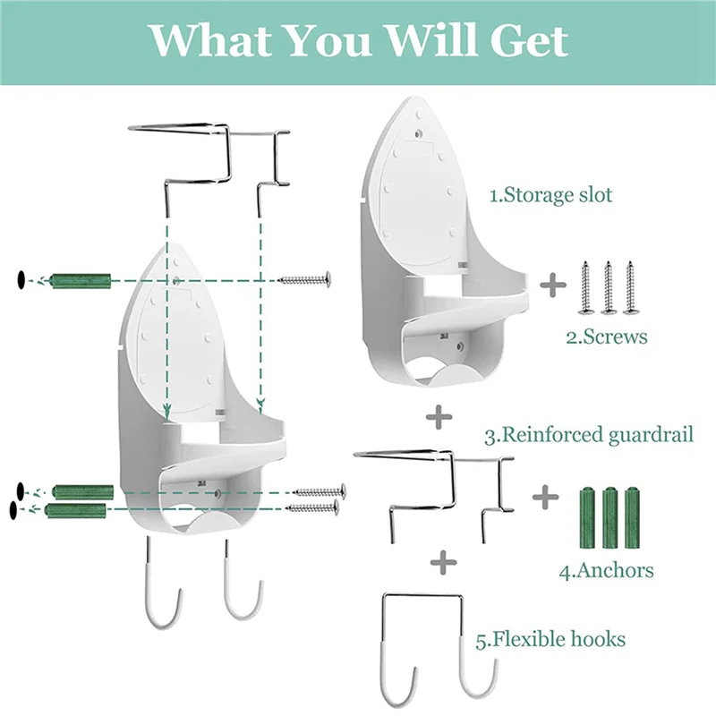 

A34R 2X Iron Board Hanger Wall Mount Electric Iron Holder Iron And Ironing Board Storage Shelf With Removable Hooks -2