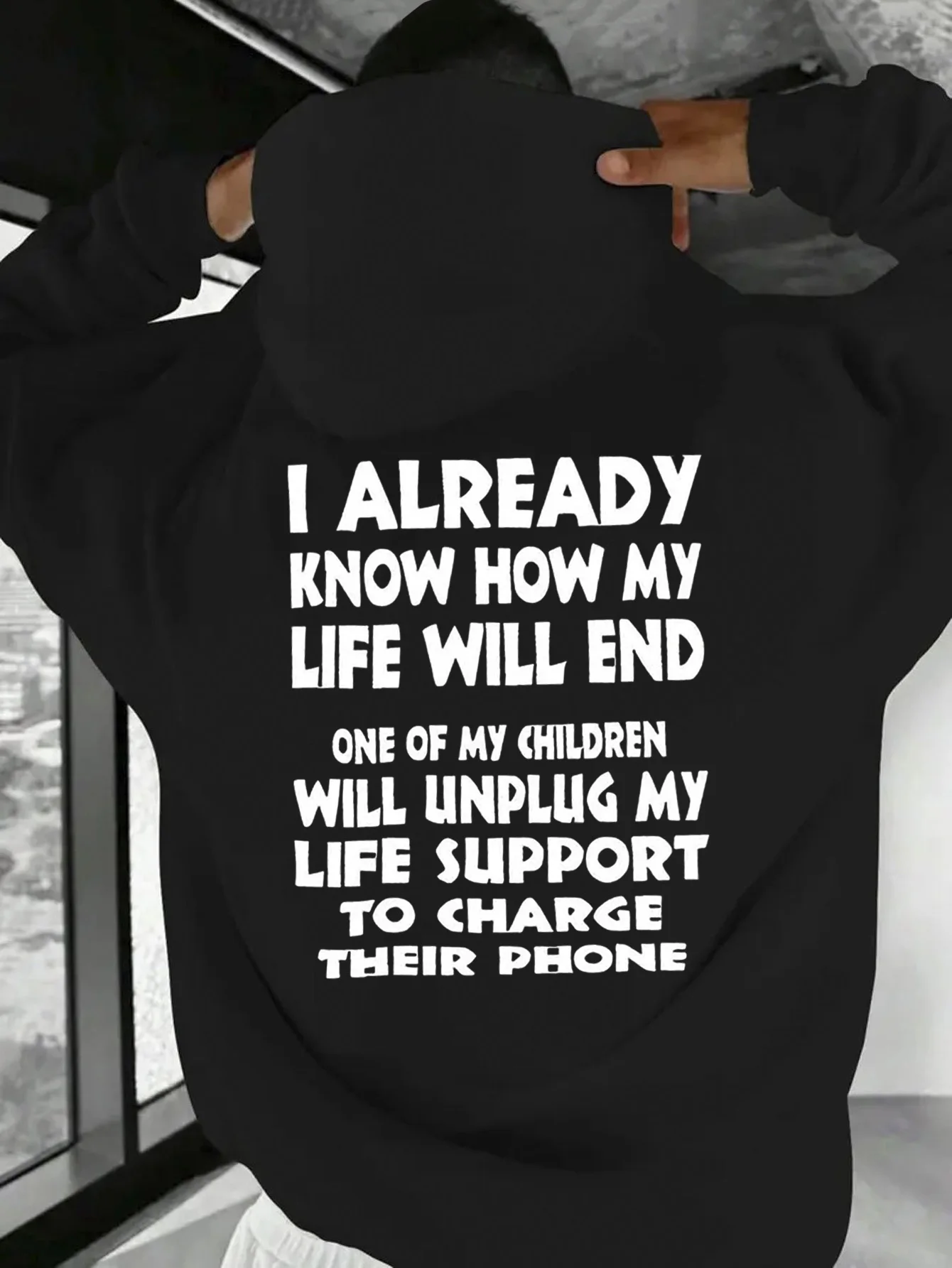 Funny Parenting Jokes Text Backprint Men's Hoodie - Humorous Family Life Loose Casual Warm and Comfortable Hoodie