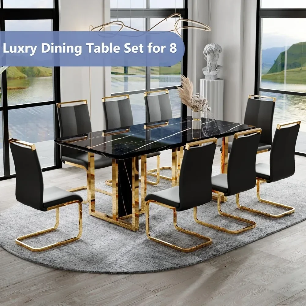 79in Dining Table Set for 8,Table Chairs Set with Faux Mareble Table Top,9 Piece Tables & Chairs, Dining Room Table Set for 8