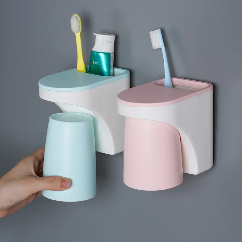 

Non Perforated Toothbrush Shelf With Cup Wall Mounted Suction Toothbrush Cup Mouthwash Cup Set Toilet Shelf