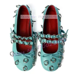 Blue Round Toe Bows Pierced Ballerinas Flat Sandals Women Trendy Metal Loops Detail Female Nude Studded Chic Stylish Sandals