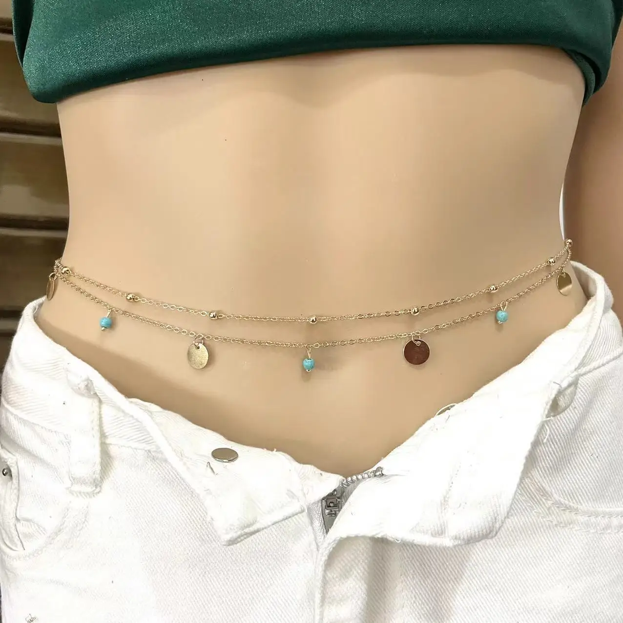 

simple fringed sequined waist chain women's double chain casual pants chain hip-hop turquoise body chain waist jewelry