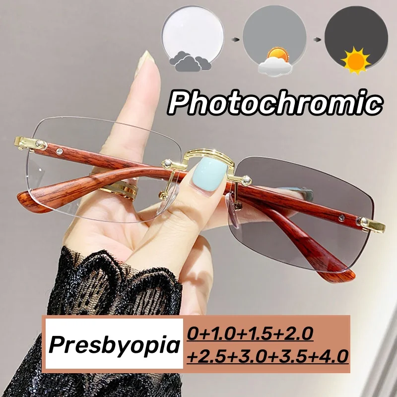 

Women Rimless Photochromic Reading Glasses Unisex Trendy New Color Changing Far Sight Eyeglasses Luxury Men Presbyopia 0+1.0+4.0