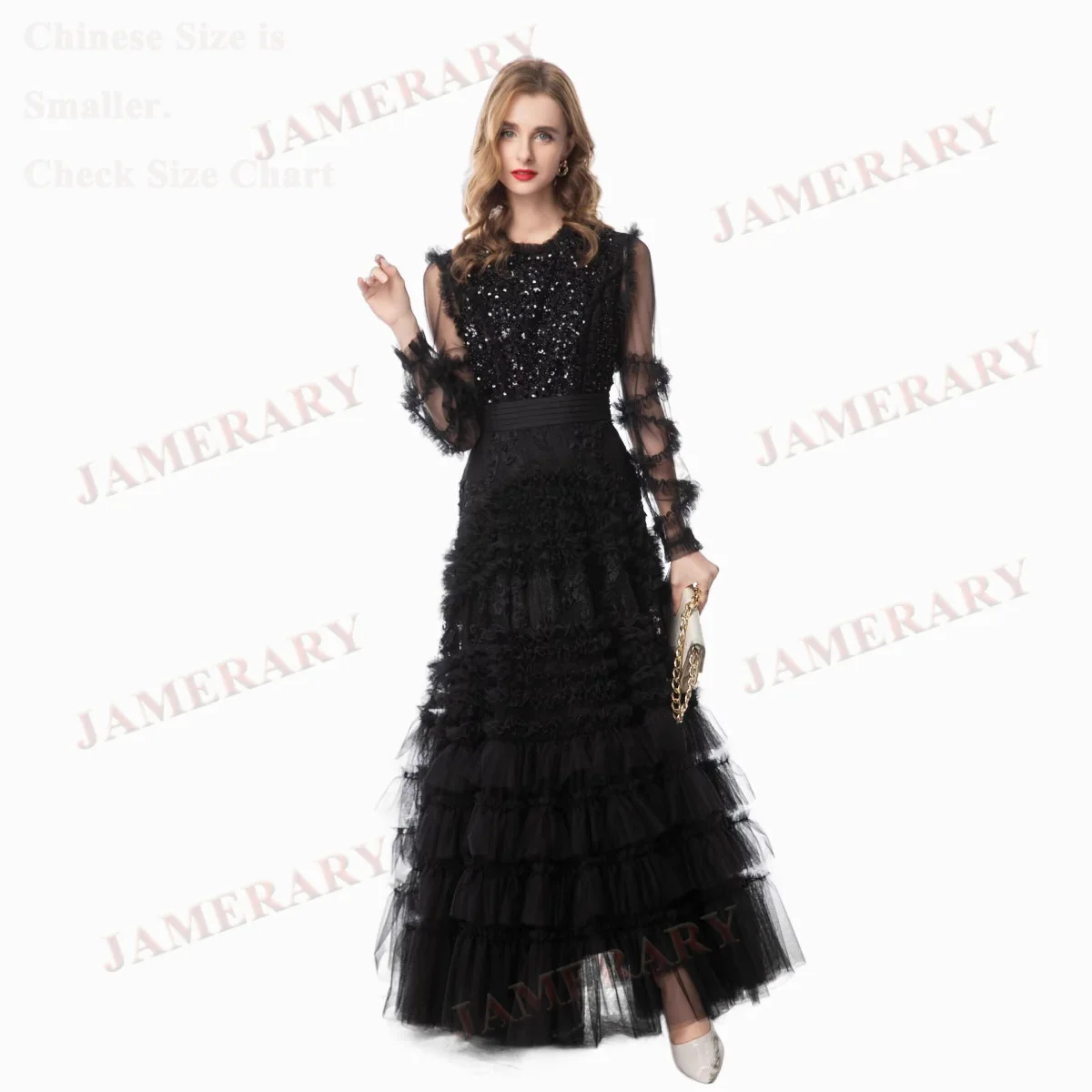 Verão outono luxo formal noite vestidos longos feminino manga preto ruflfe bolo lantejoulas vestido senhora baile de formatura festa marca vestidos