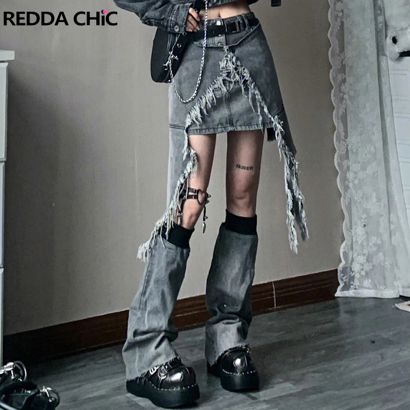 

ReddaChic Acubi Fashion Women Skirt Set Mini Short Denim Skirt Waist Cape Chain Belt Leg Warmers Grunge Y2K Vintage Streetwear