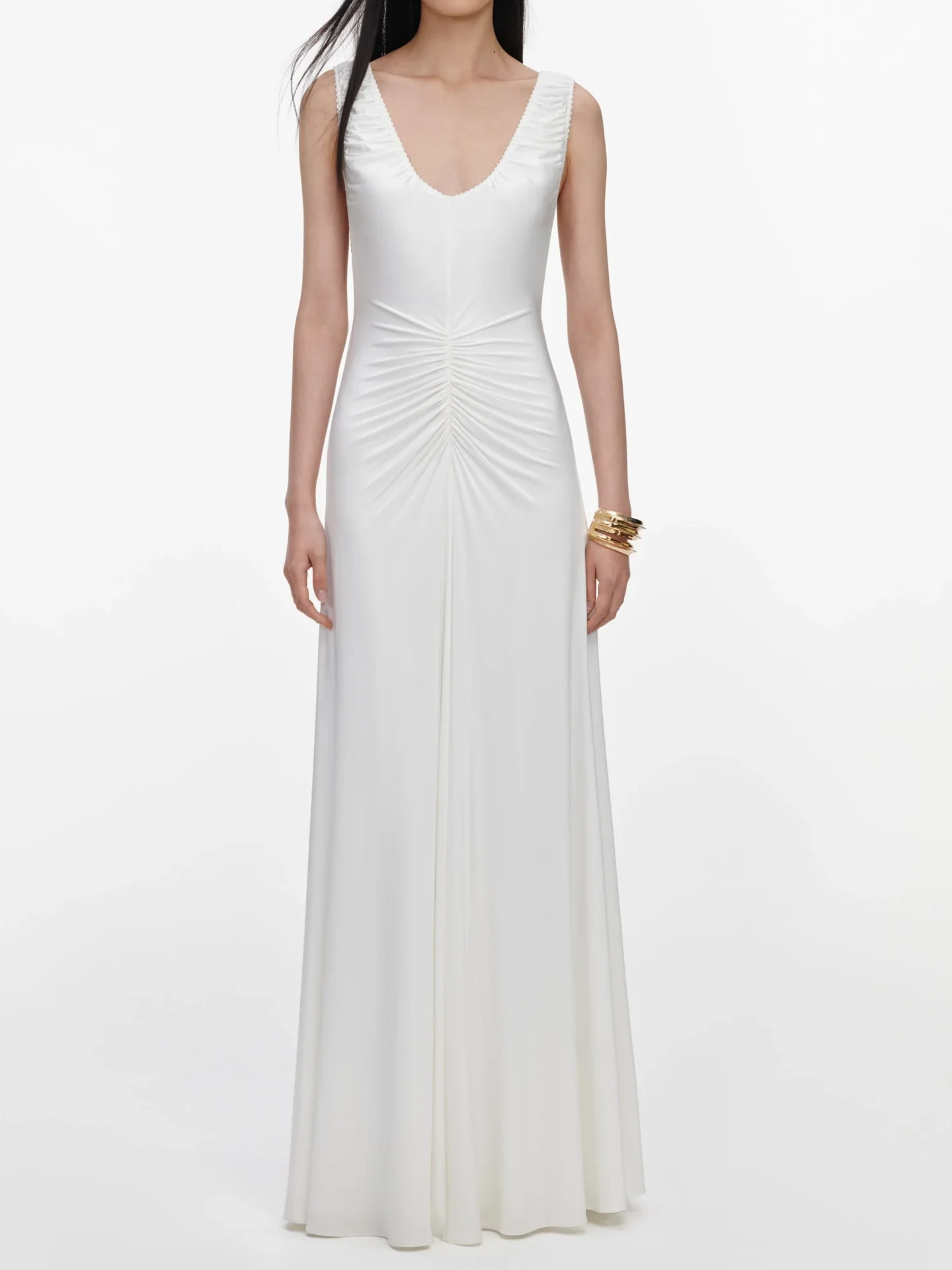 2026 Women Pleated White Long Dress Backless V-Neck Sleeveless High Waist Slim Robe