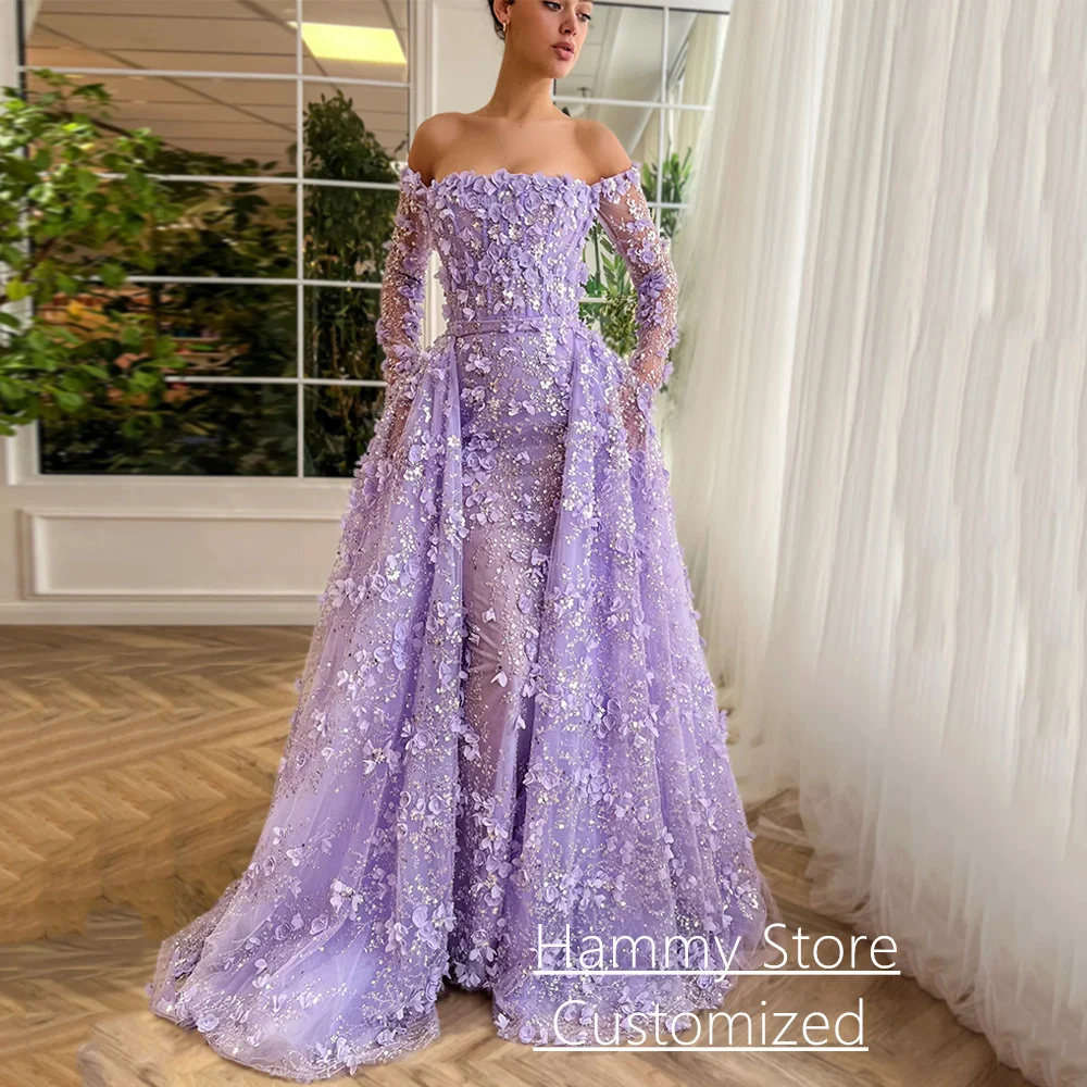 Lilac Evening Dress Customized Luxury Boat Neck Long Sleeves Beading Flower Lace Prom Gown with Deatachable Train Party Dress