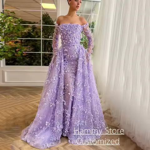 Lilac Evening Dress Customized Luxury Boat Neck Long Sleeves Beading Flower Lace Prom Gown with Deatachable Train Party Dress