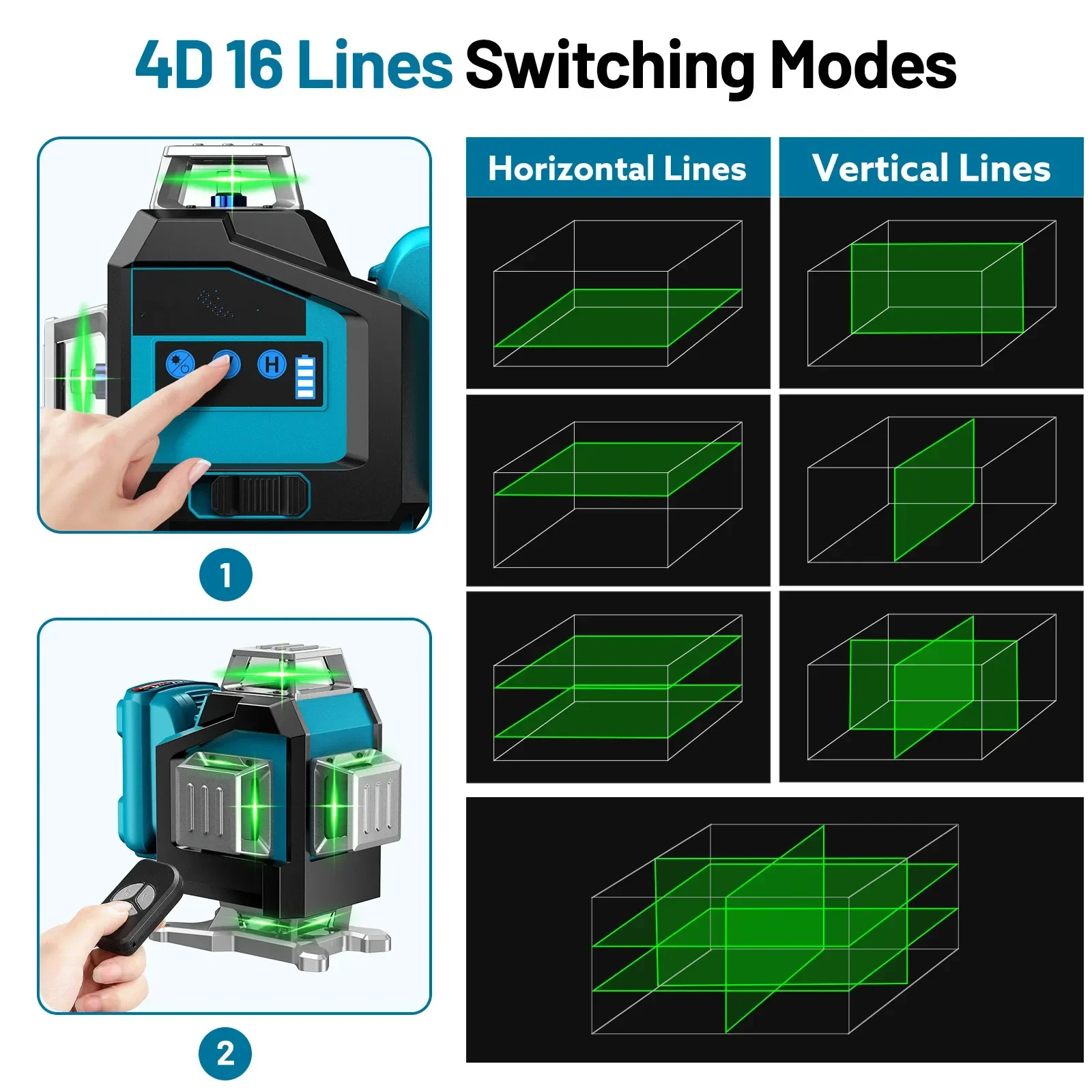 4D 16 Lines Green Laser Level 360 Green Beam Horizontal Vertical Four-Plane Leveling Remote Control 5600mAh Battery Laser Level