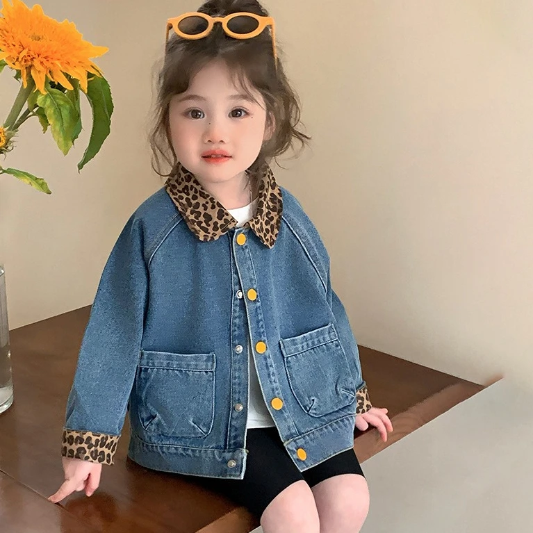 

Girls Coat 2025 Autumn and Winter New Children's Clothing Girls Baby Fashion Leopard Print Stitching Denim Coat Casual Simple