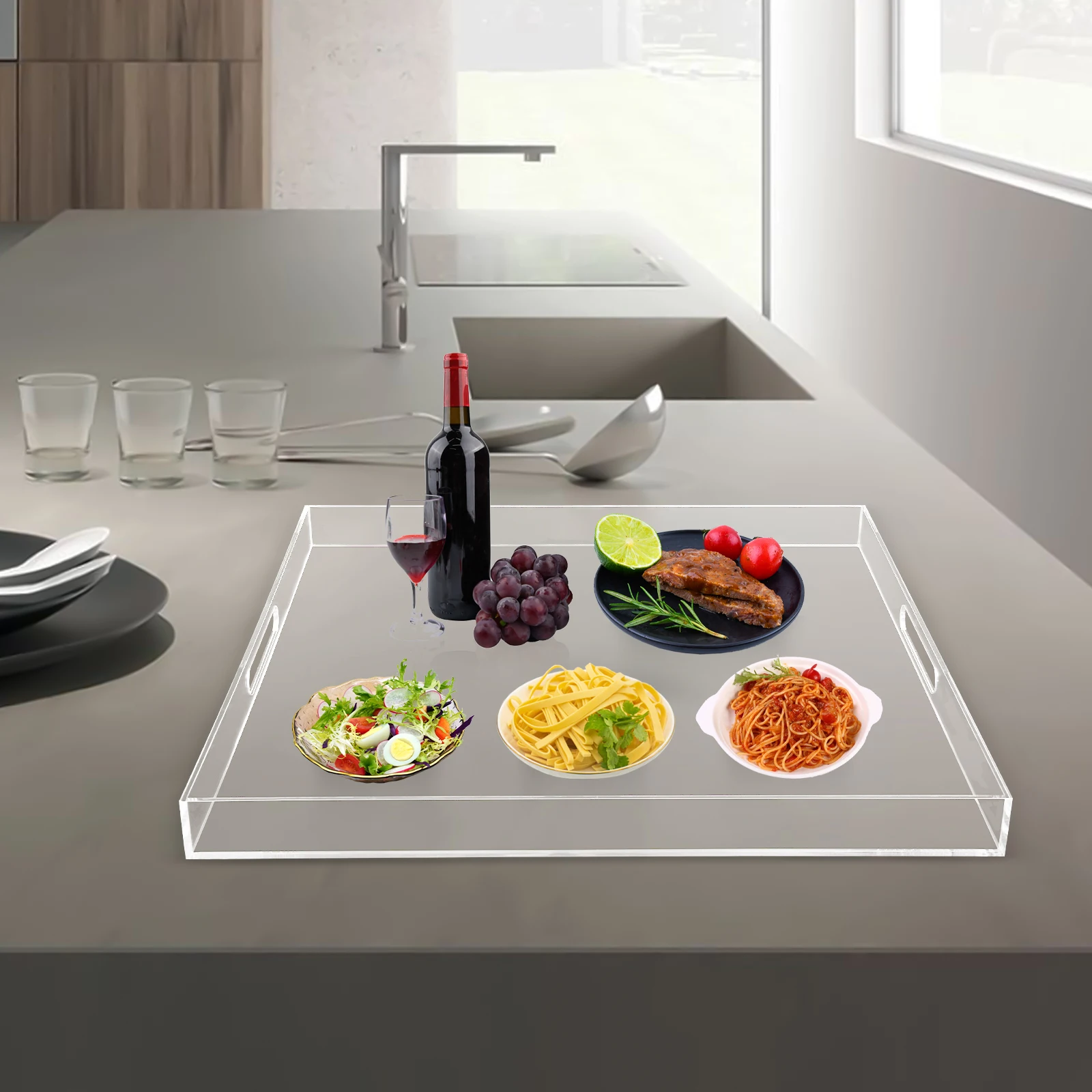 

23.92x23.92 Inch Clear Extra Large Acrylic Serving Spill Proof-Tray with Baffles&Sealed Corners for Desk, Bathroom, Kitchen