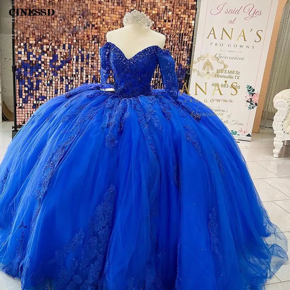 

Royal Blue Quinceanera Dresses Ball Gown Puffy Tulle Lace Appliques V Neck Off Shoulder Vestidos De 15 Años Sweet 16 Party Dress