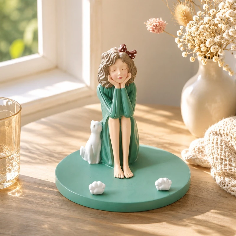 Cheek girl cat resin phone holder,desktop ornament for girls and cats,tablet phone base,home decoration crafts living room decor