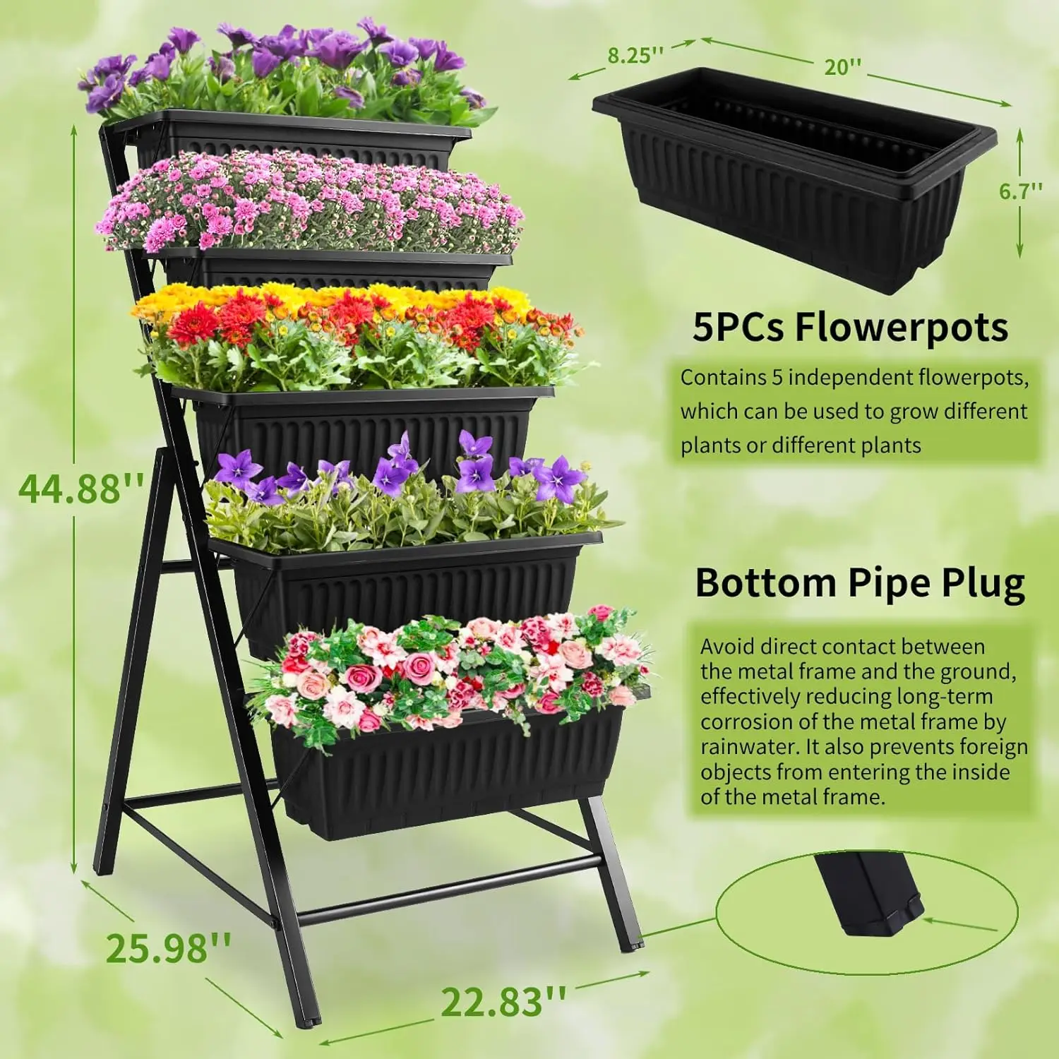 Outdoor Garden Patio Yard Vertical Gardening 5 - Tiers Metal Planter in Black - 3.74FT with 4 Hooks