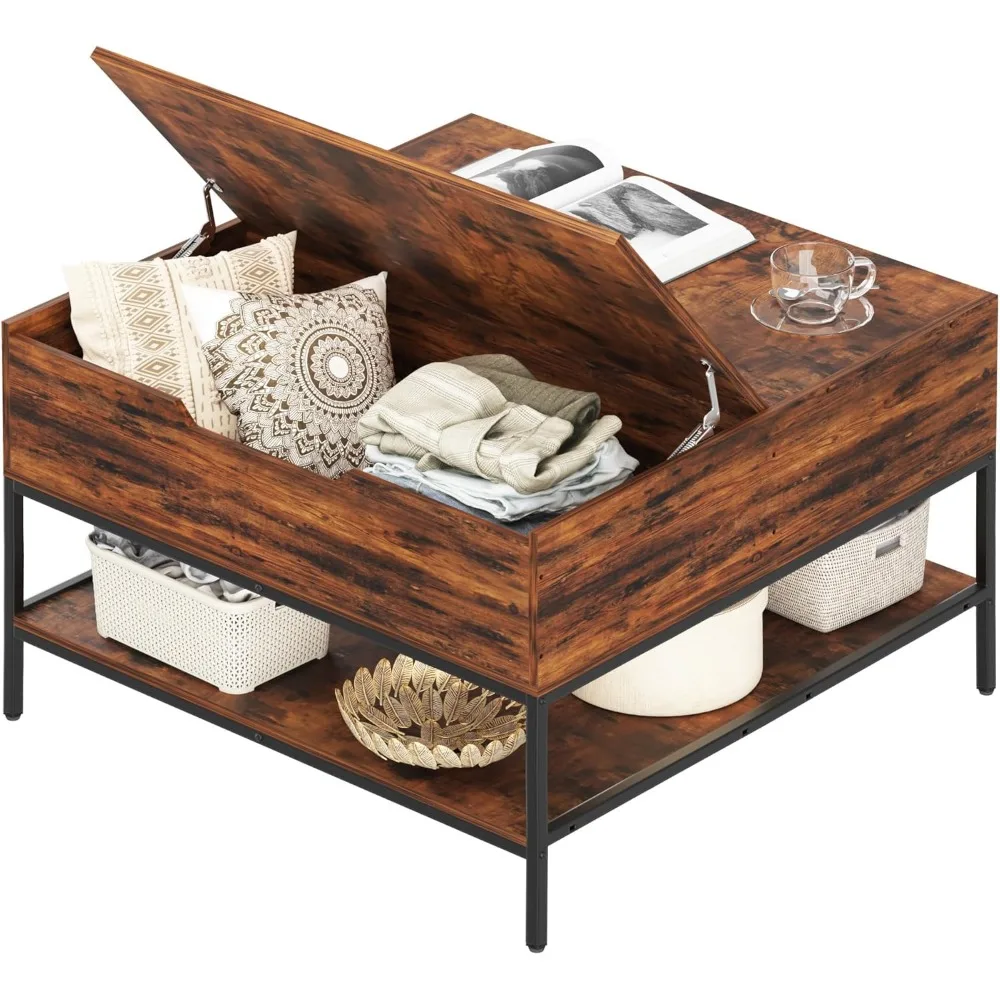 Nowoczesny prostokątny stolik kawowy w stylu farmhouse z przegródką do przechowywania i funkcją podnoszenia blatu, wykończony ciemnym orzechem i czarnym metalu.