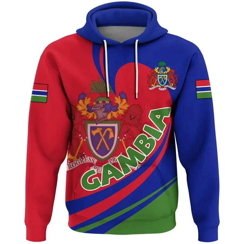 Fashion 3D The Republic-of The Gambia Flag Printing Hoodies Gambia Coat Of Arms Graphic Hooded Hoody Mens Clothing Pullovers Top