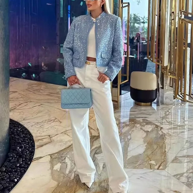 Women Spring New Fashion Jacket Silver O-Neck Long Sleeves Fake Pocket Sequins Decoration Female Streetwear Short Coats