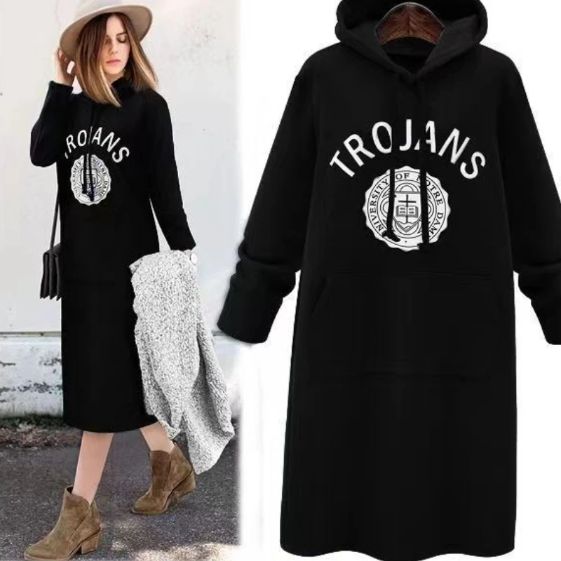 Hooded Dresses Women Loose Casual Slouchy Autumn Winter Hooded Outwear Letter Printed High Street Temper Elegant Aesthetic New