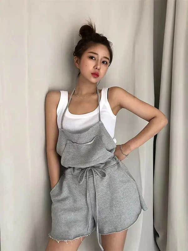 

Summer Off-Shoulder Romper Women's Loose Drawstring Waist Wide Leg Short Pants High Waist Short Length Casual Style