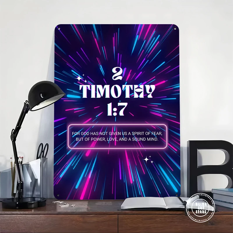 Empowered By Faith – 2 Timothy 1:7 Neon Metal Poster Customized Wall Art Retro Vintage Metal Signs for Man Cave Room Accessories
