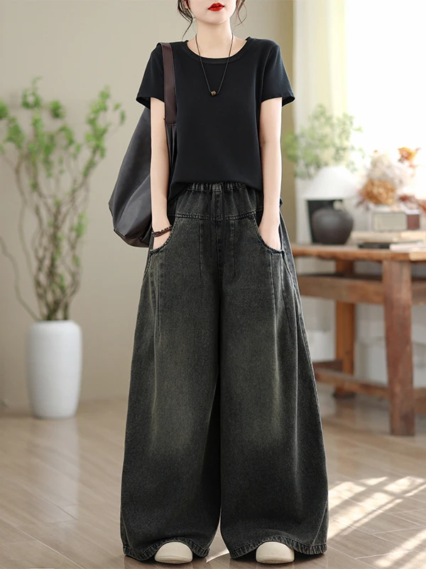 

High Waist Straight Leg Denim Wide Leg Pants Women's Summer New Style Retro Jeans plus Size Meat Concealing Casual Cotton