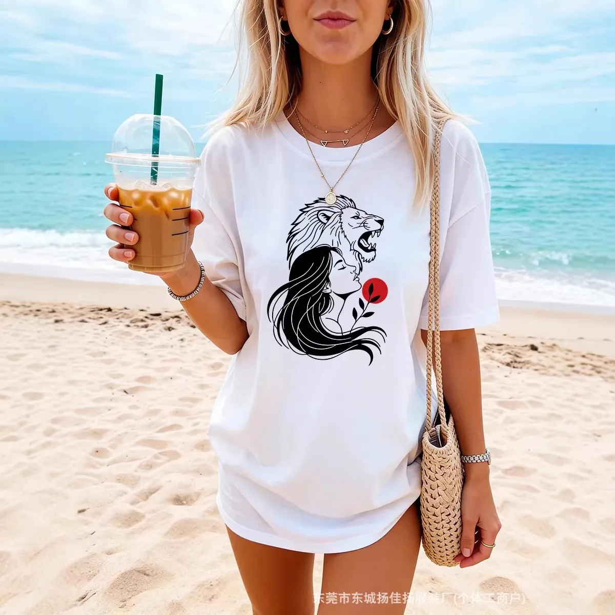 Women Lion and Lady Rose Art Print T Shirt Round Neck Short Sleeve Aesthetic Graphic Casual Oversized Summer Ladies Tees