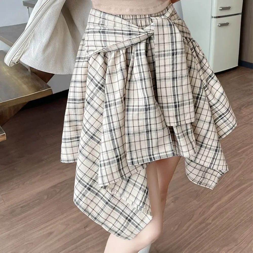 Fashion Irregular Plaid Shirts Skirt A-line High Waist Fake Two-piece Skirts Spicy Girl Style Lace-up Plaid Shorts Skirt Female