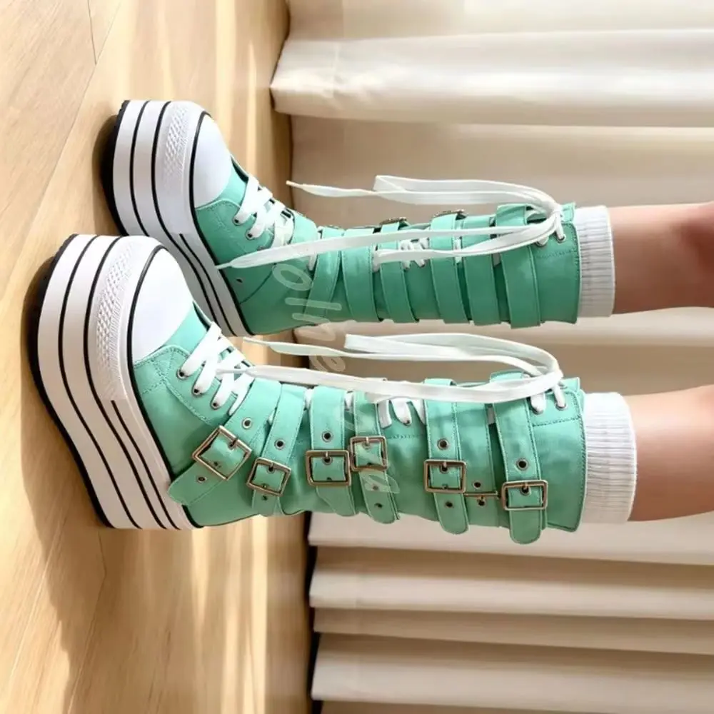 Botas Altas de Lona Verde Menta con Plataforma, Múltiples Hebillas y Cordones, Estilo Gótico Punk para Mujer, Suela Gruesa, Botas de Ocio de Caña Alta