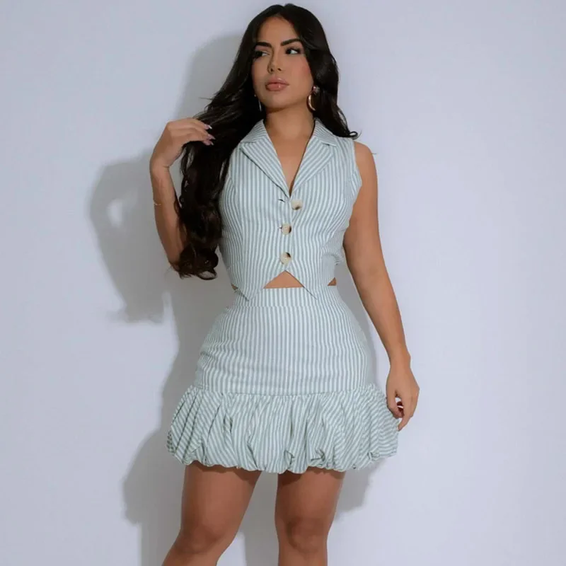 

Striped Print Streetwear Two Piece Set Women Summer Clothes Sleeveless Single-breasted Notched Vest Top and Puff Mini Skirt Sets