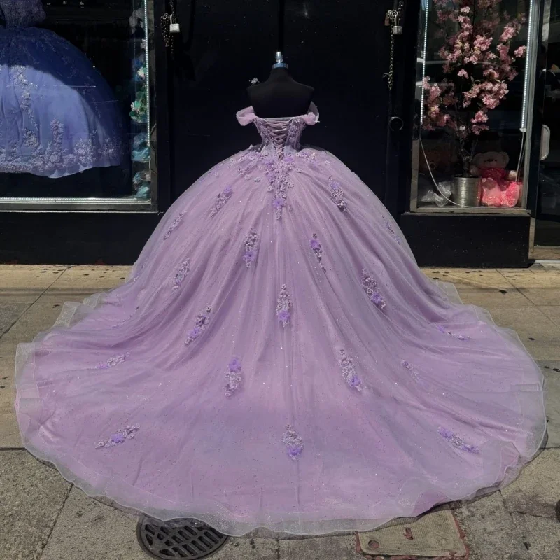 ANGELSBRIDEP Lilac Sparkly เม็กซิกัน Quinceanera ชุด Applique ลูกไม้ประดับด้วยลูกปัด Appliques ยาว Tull vestido 15 De Anos ที่กําหนดเอง