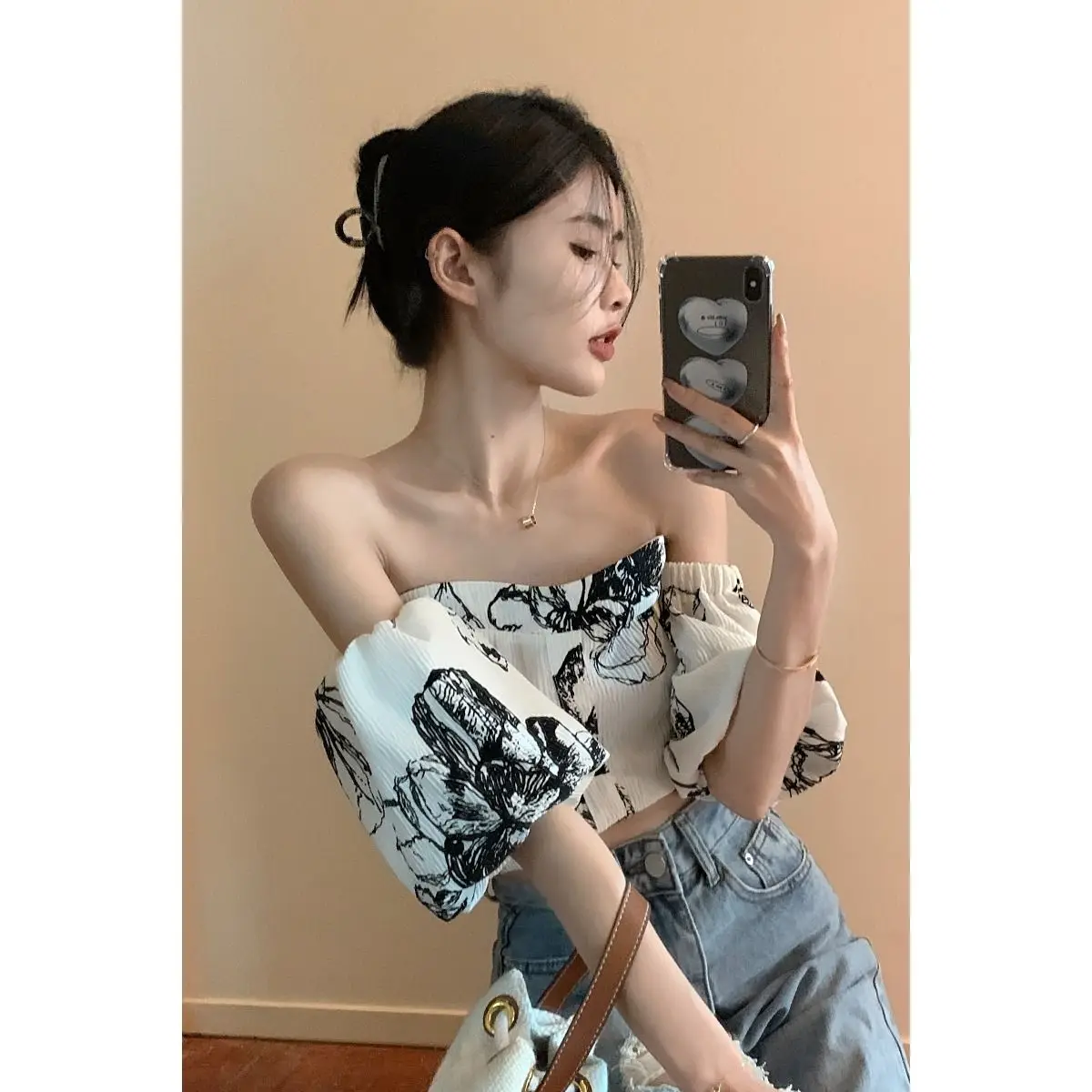 

French Style Off Shoulder Blouse Women Summer Sweet White Short Top Y2K Chic Design