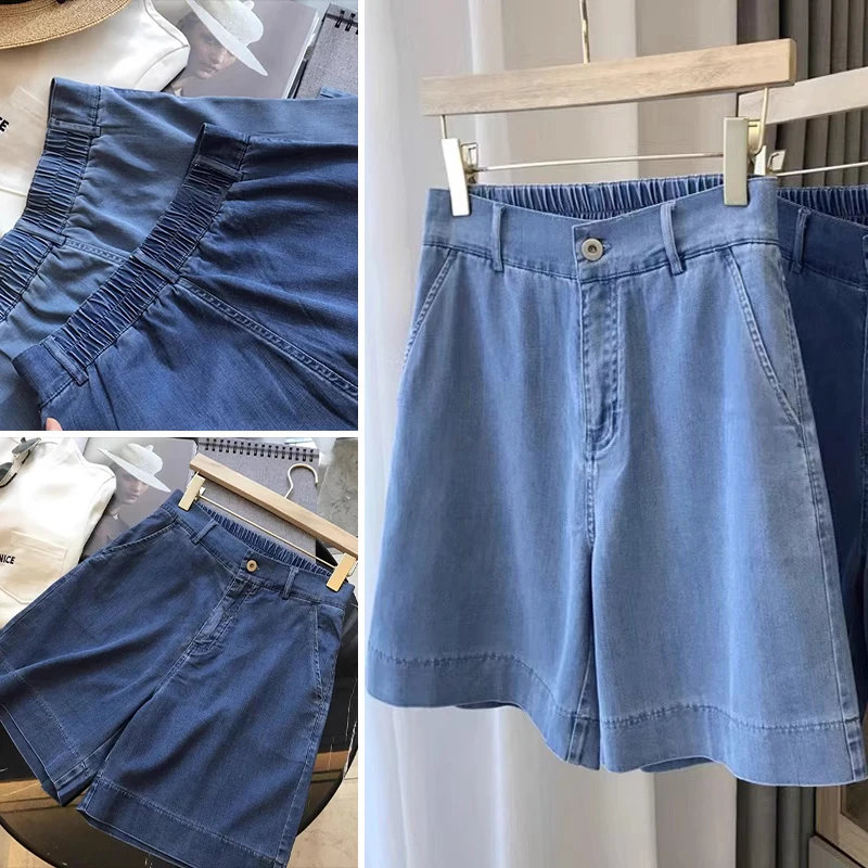 

plus Size Women's Summer Thin High Waist Straight Leg Jeans orts Wide Leg Five-Quarter Pants Slimming Effect Casual Denim