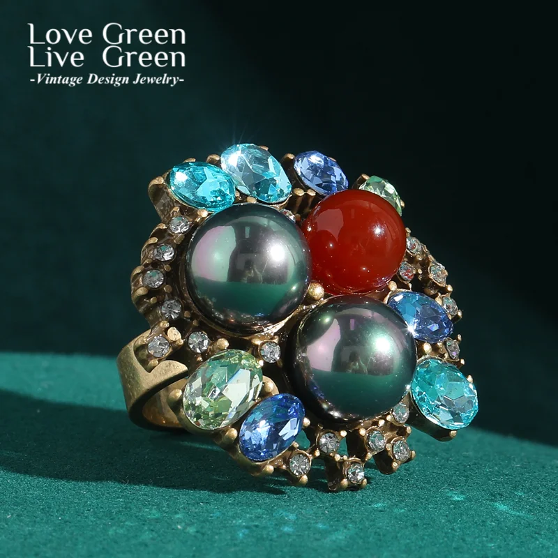 

Vintage Pearl Flower Rings Decoration Crystal Red Stone Floral Luxury Quality Open Women's Jewelry Accessories Valentine Day Gif