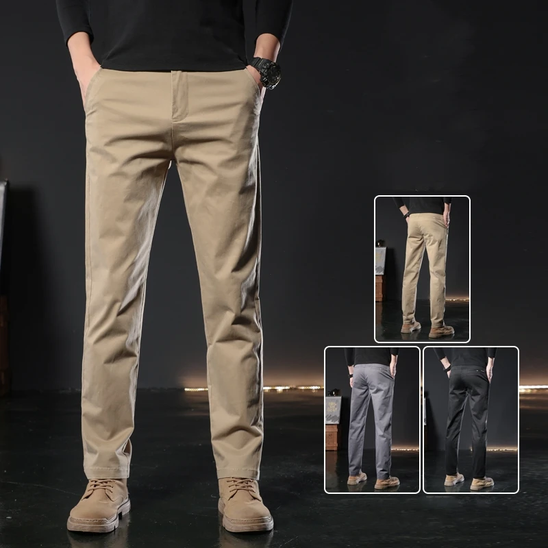 CUMUKKIYP Fashionable Men's Solid Color Business Casual Pants - Cotton Blend Straight Trousers for Fall and Winter