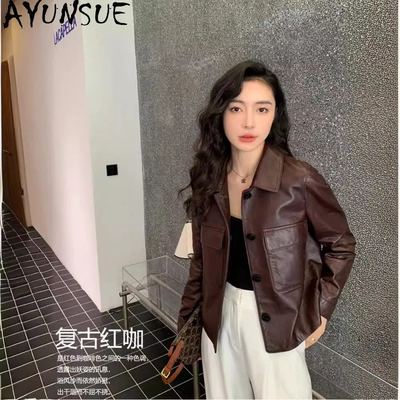 AYUNSUE Echtlederjacke Damen 2025, echtes Schaffell, Damenjacken, Frühlings-Herbstkleidung, pflanzliches Bräunung, Mohamedха Ж 2019