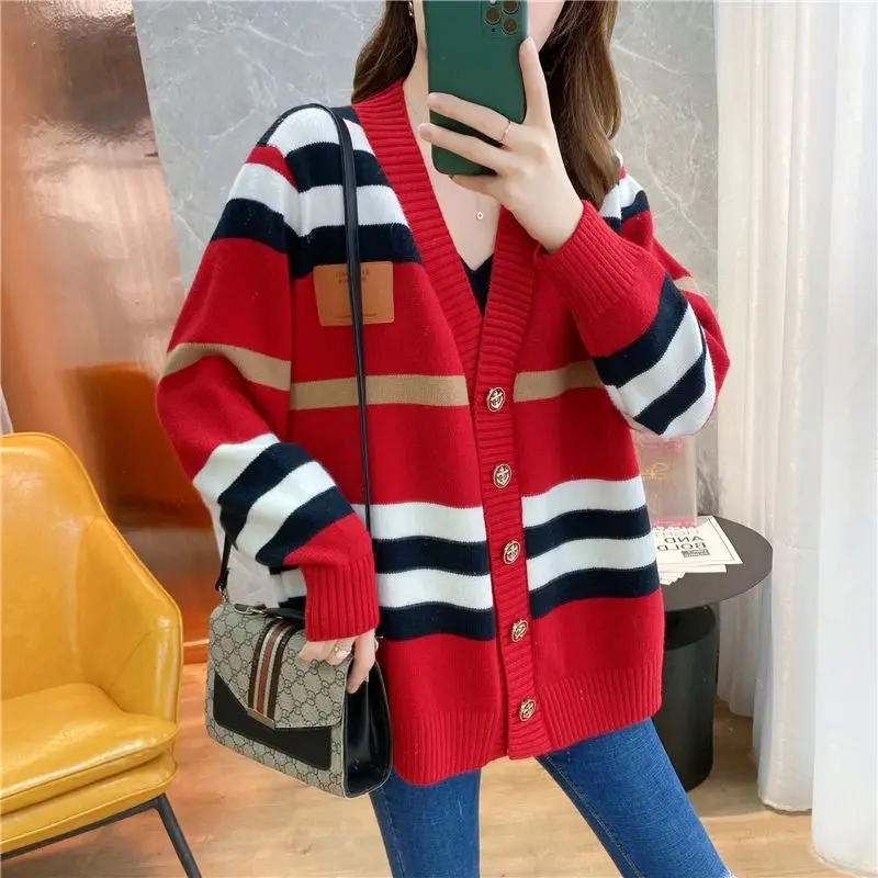 Striped Knitted Cardigan Jacket for Women\'s Spring and Autumn New Vintage Loose and Gentle Sweater Korean Version Lazy Style Jac