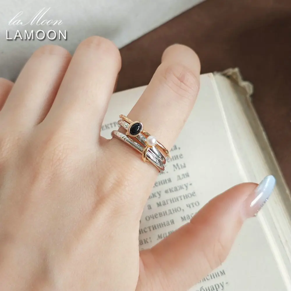 

LAMOON Fresh Water Pearl Black Quartz Pearl Stackable Rings Set For Women Luxury 925 Sterling Silver Gold Plated Fine Jewelry