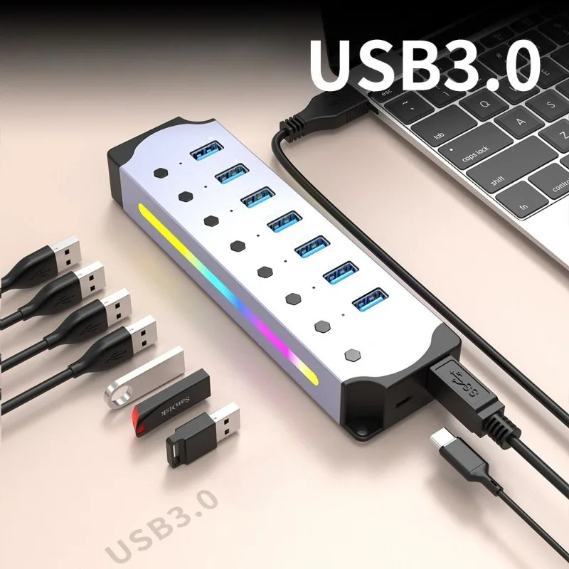 

USB 3.0 HUB Aluminum Alloy RGB Wire Converter Charging Dock Station with Switch for Laptop PC Computer Accessories