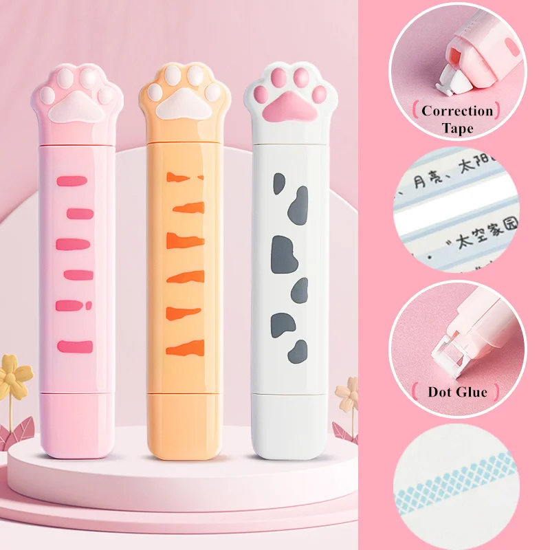 2 In 1 Correction Tape with Dot Glue Cute Cat Paw Kawaii 3M Glue Tape Novelty Correction Student Gifts School Office Supplies