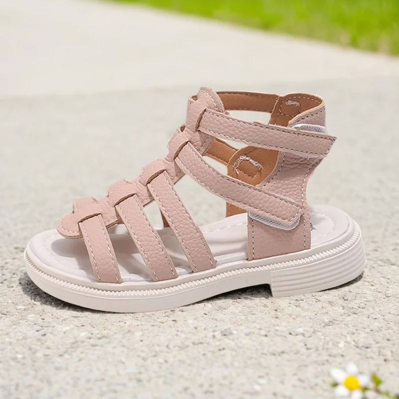 

Girls Roman Sandals 2025 Summer New Children's Soft Soles Beach Shoes Girls White Flats Shoes Student Pink Non-slip Sandals