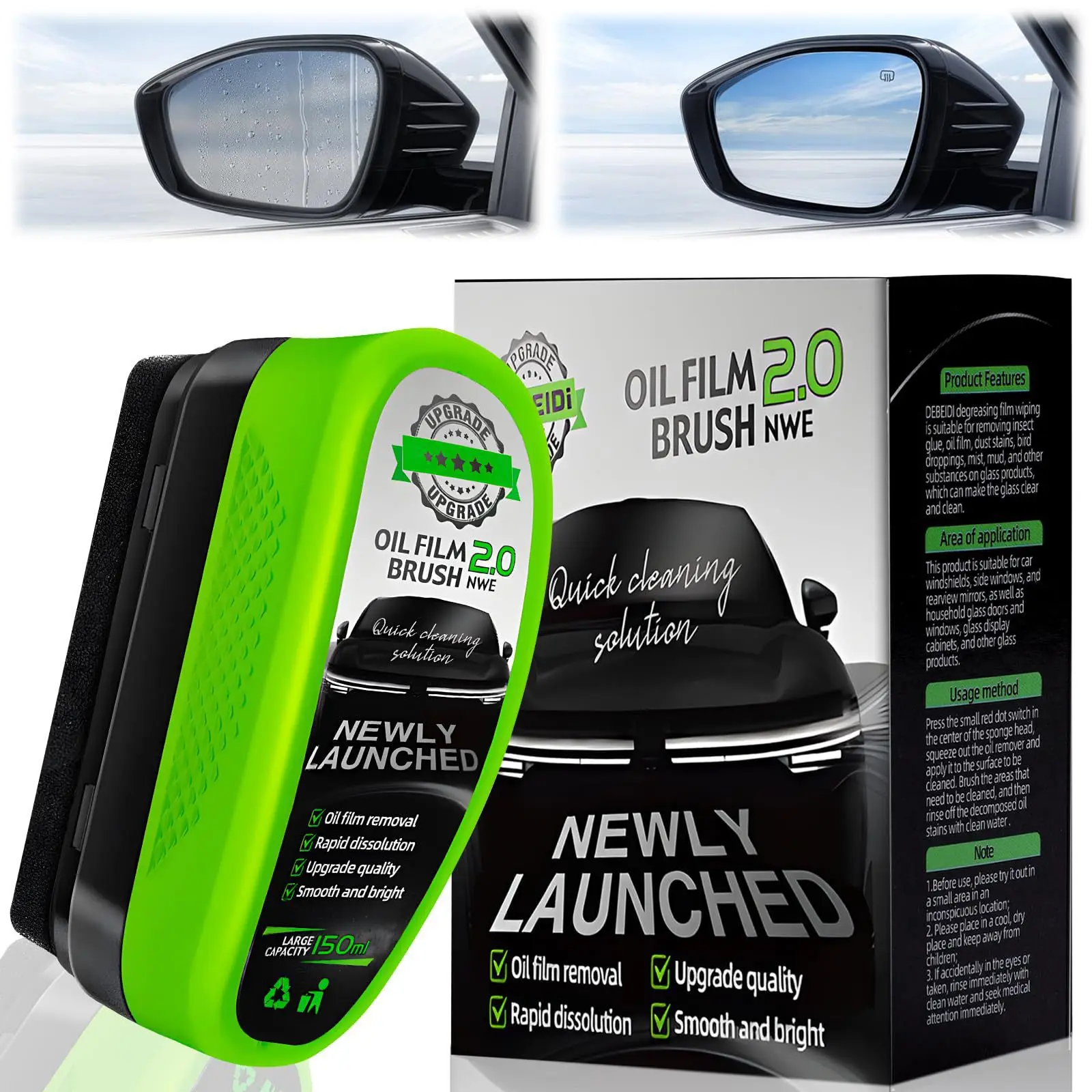 1/2PCS Automotive Oil Film Cleaning Brush,New Upgrade Glass Cleaning Board for Windshield,150ML Oil Film Remover for Car Window