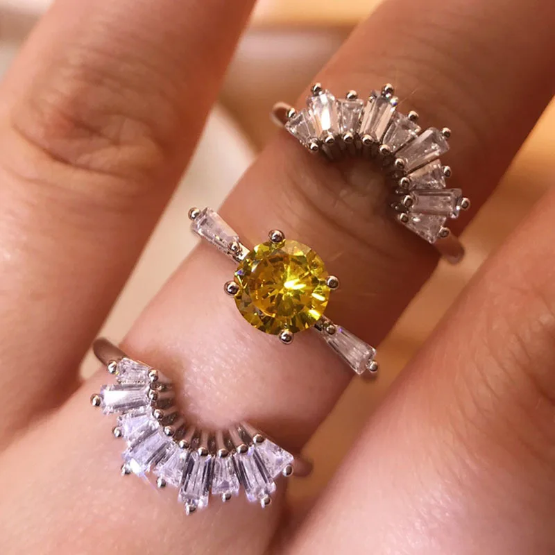 3pcs Exquisite Sunflower Plant Fashion Alloy Zircon Silver Color Yellow Color Mitten Ring Woman Party Gift Celebratory Party