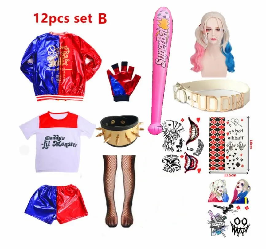 

2025 Halloween Girls Women Suicide Harley Cosplay Costumes Squad Quinn Jacket Pants Wig Sets Halloween Cothing