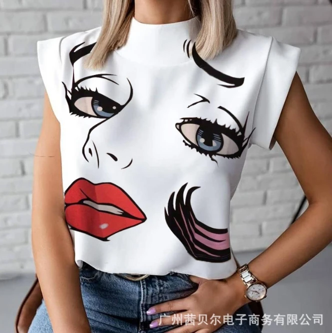 Hot Selling Blouses Semi-Turtleneck Printed Top for Women 2024 Summer New Fashion Short Sleeve Versatile Sling Blouses