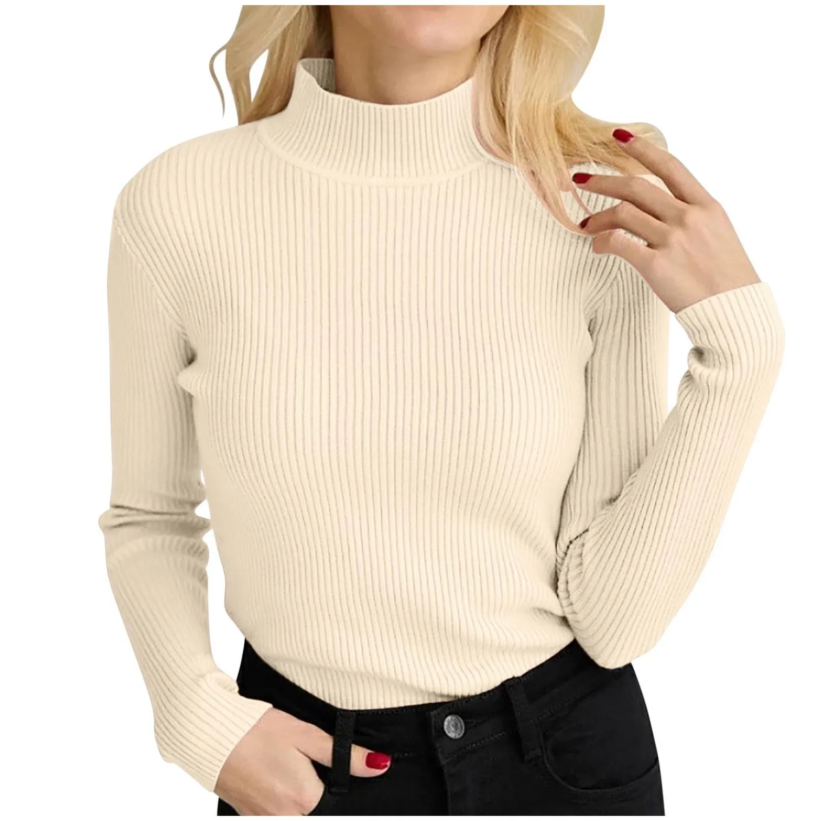 Sweater wanita, Pullover bergaris wanita satu ukuran Turtleneck Pullover motif elegan Quarter Zip nyaman Sweater Pullover untuk wanita Zip