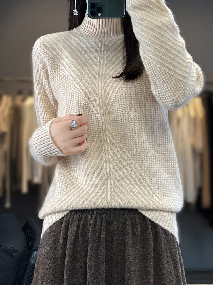 

Women New 100% Merino Wool Sweater Autumn Winter Half High Neck Jumper Solid Loose Knit Base Shirt Long Sleeve Casual Warm Tops