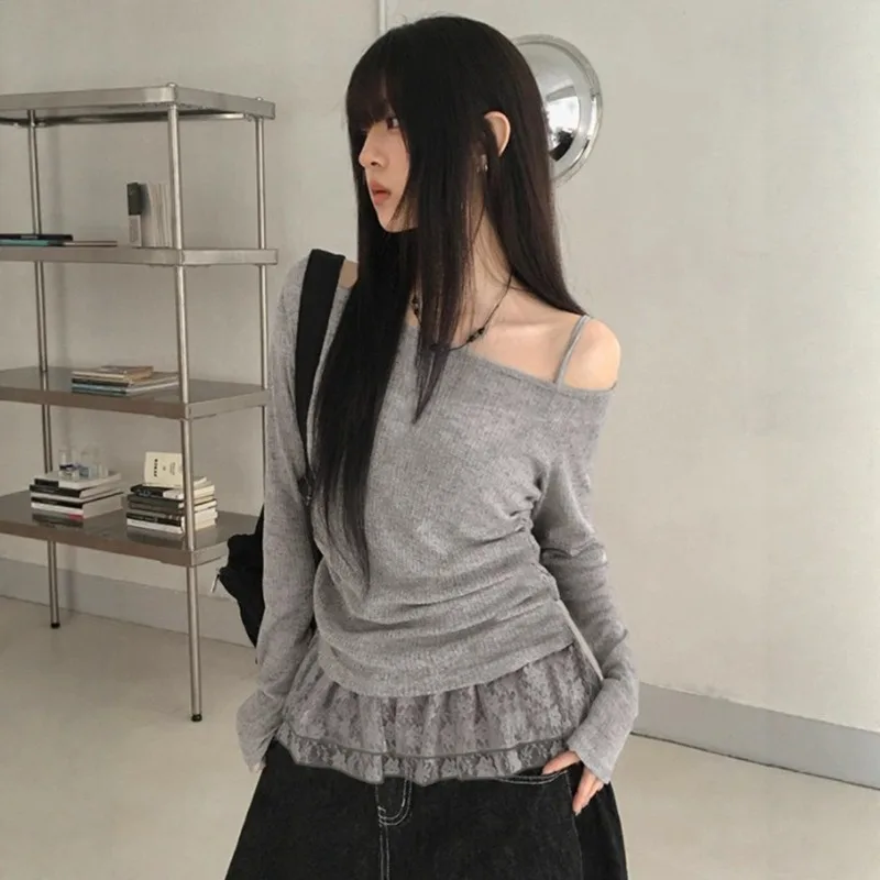 

2025 Spice Girl Slightly Sheer Slanted Neck Thin Off-the-Shoulder Knitted Smock Summer Vacation Two Lace Shirring Waist Top