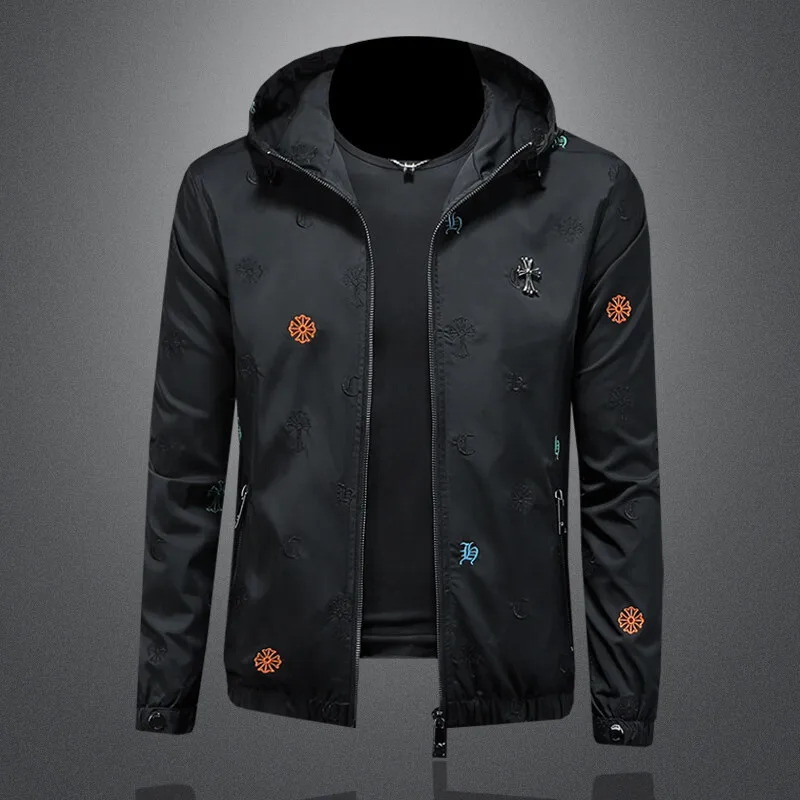 

Spring 2026 Men's Hooded Jaet Trendy Glass Pattern Polyester Nylon Cosite Fiber Stand Fit Casual Sle Windproof Zipper
